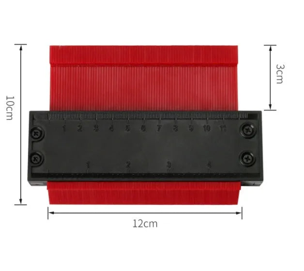 Orange 10-inch contour gauge with plastic teeth pressed against a pipe, creating a template for marking cuts