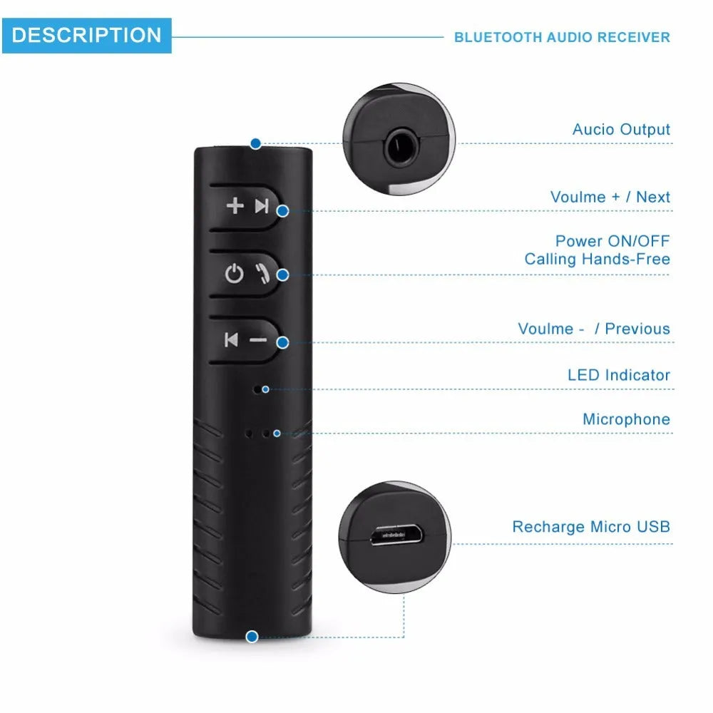Black Bluetooth audio receiver with 3.5mm AUX jack for car stereo wireless connectivity