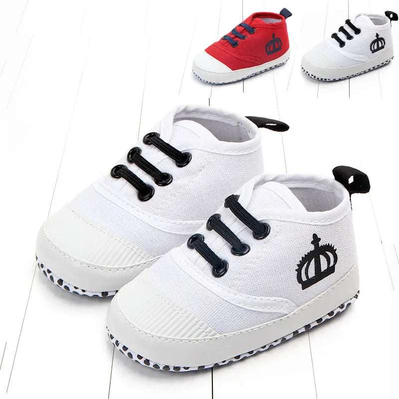 Red and white cotton canvas toddler shoes with elastic band closure