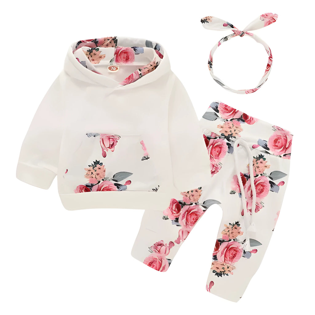 White newborn baby girl cotton hooded all-in-one suit with long sleeves and trouser legs