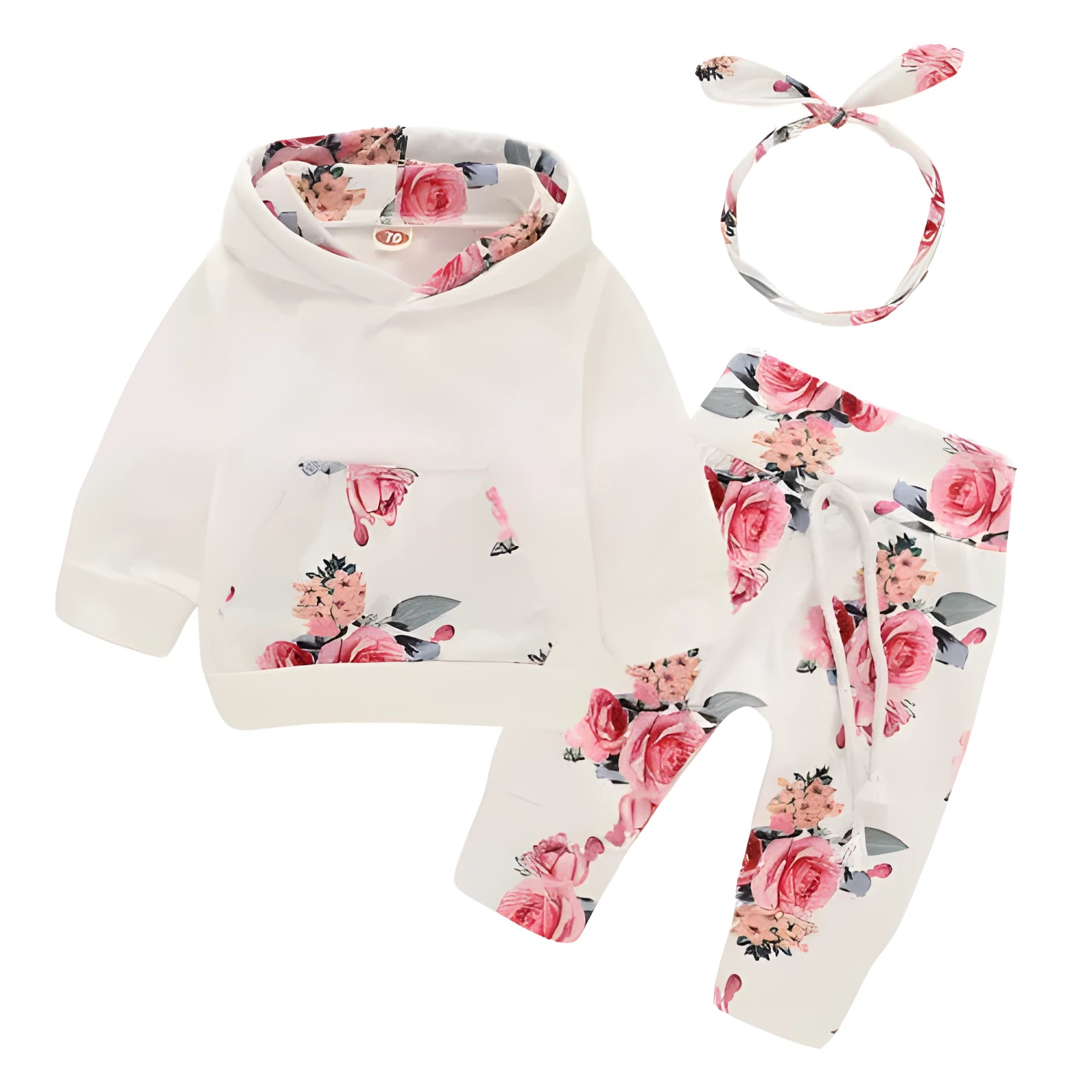 White newborn baby girl cotton hooded all-in-one suit with long sleeves and trouser legs