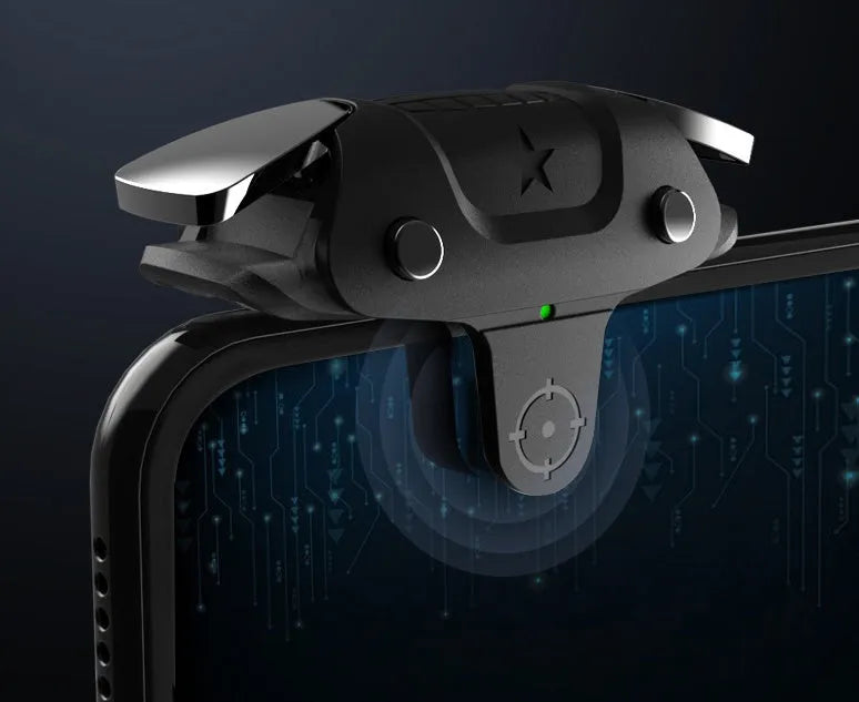 Black F5 mobile game controller for smartphones showing its compact size and button layout.