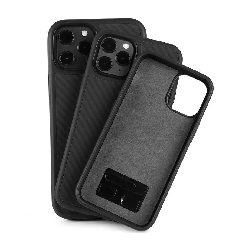 Simple solid-colour wooden phone case for iPhone showing TPU and Kevlar layered construction.