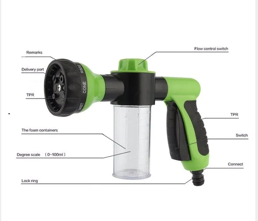 Green high-pressure foam spray gun with adjustable nozzle for car and household cleaning.
