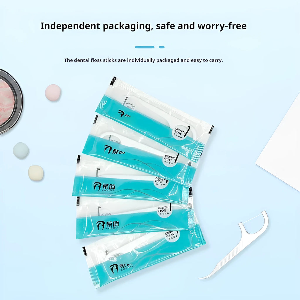 Portable bag containing 100 independently packaged plastic dental floss threads.