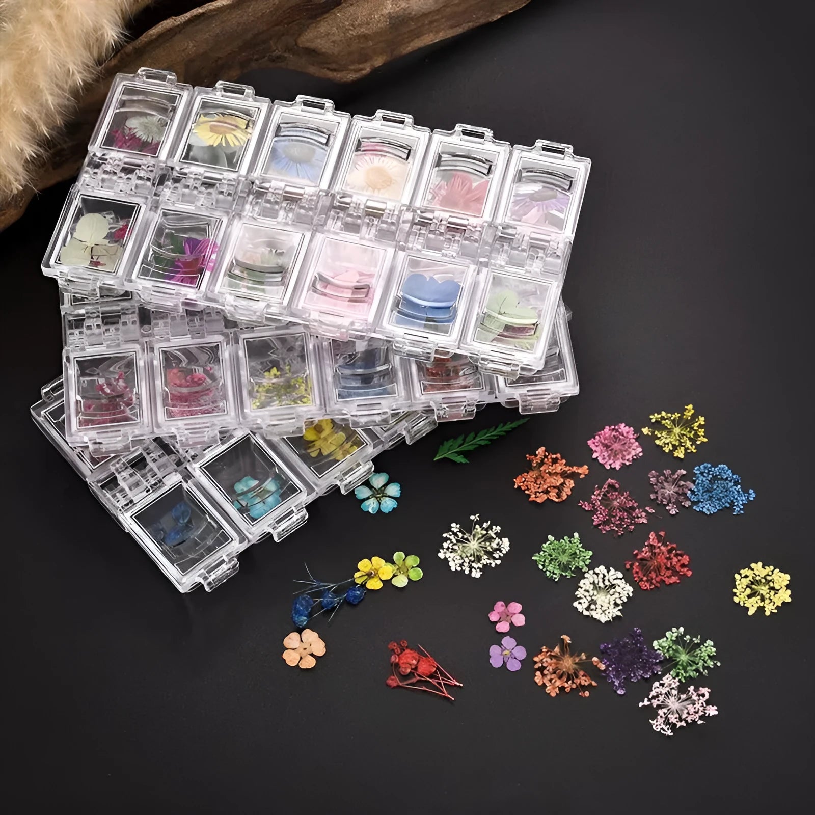 12 colour solid dried flower nail stickers in floral nail art arrangement