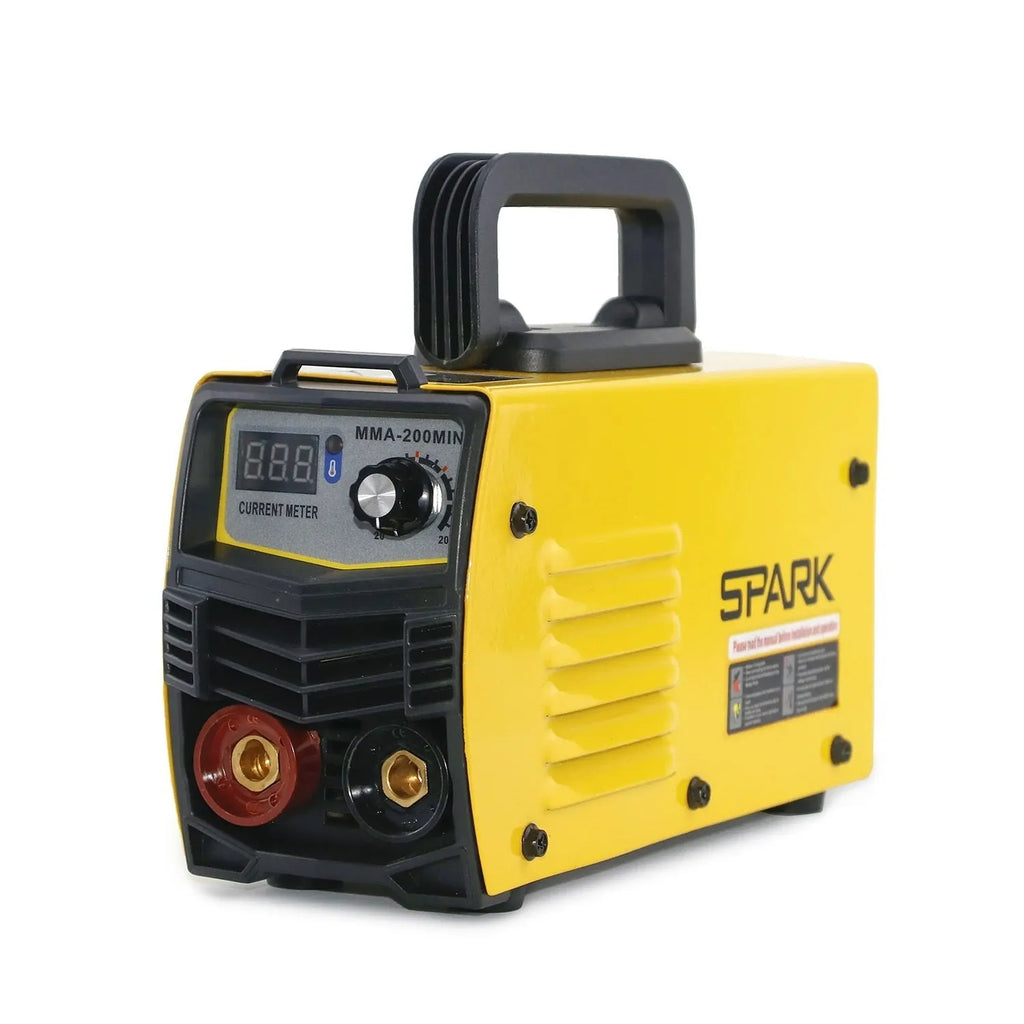 MMA-200MIN 220V DC inverter welding machine with face shield, tongs, clamp, and brush.
