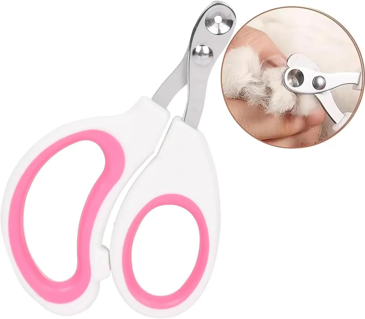 Blue pet nail clippers with a circular guide hole and cushioned handles on a white surface.