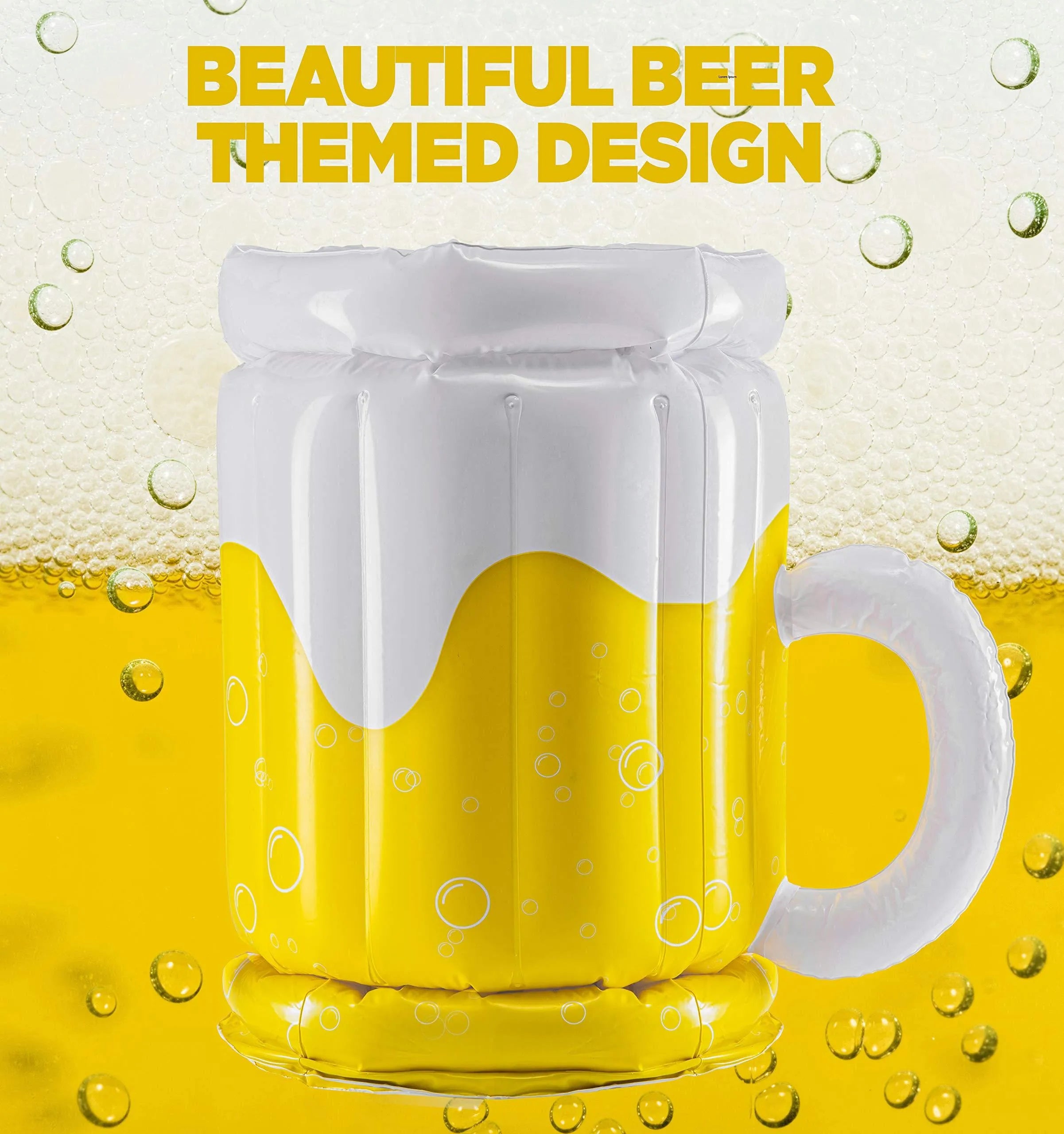 Large yellow inflatable beer mug shaped pool float drink cooler with ice compartment