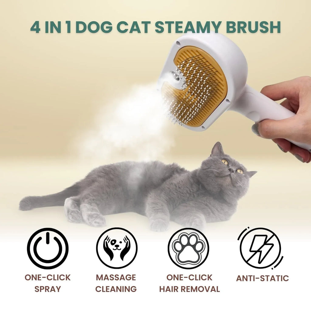 White pet grooming brush with water tank and steel teeth for dogs and cats