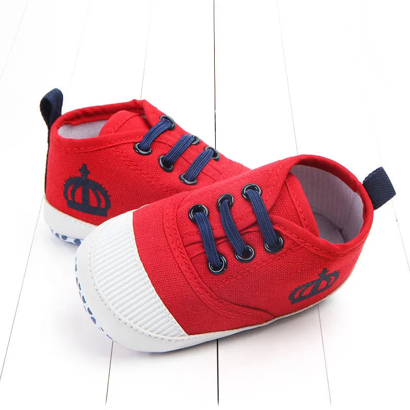 Red and white cotton canvas toddler shoes with elastic band closure