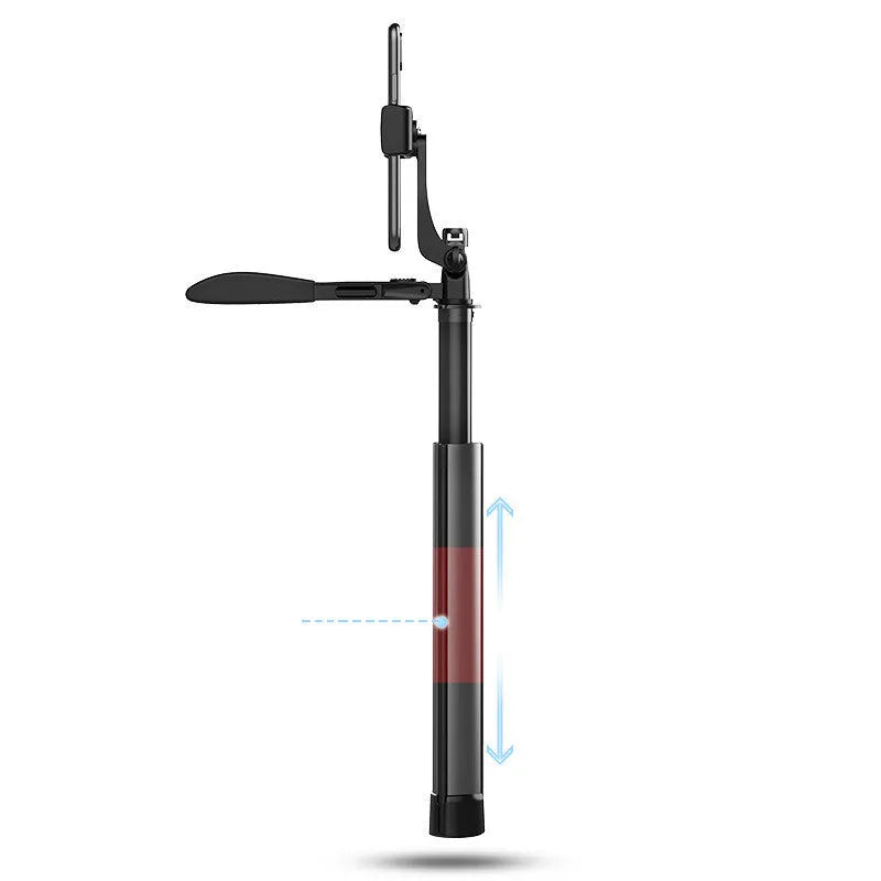 Black aluminium alloy Bluetooth selfie stick with tripod legs extended and a remote control.