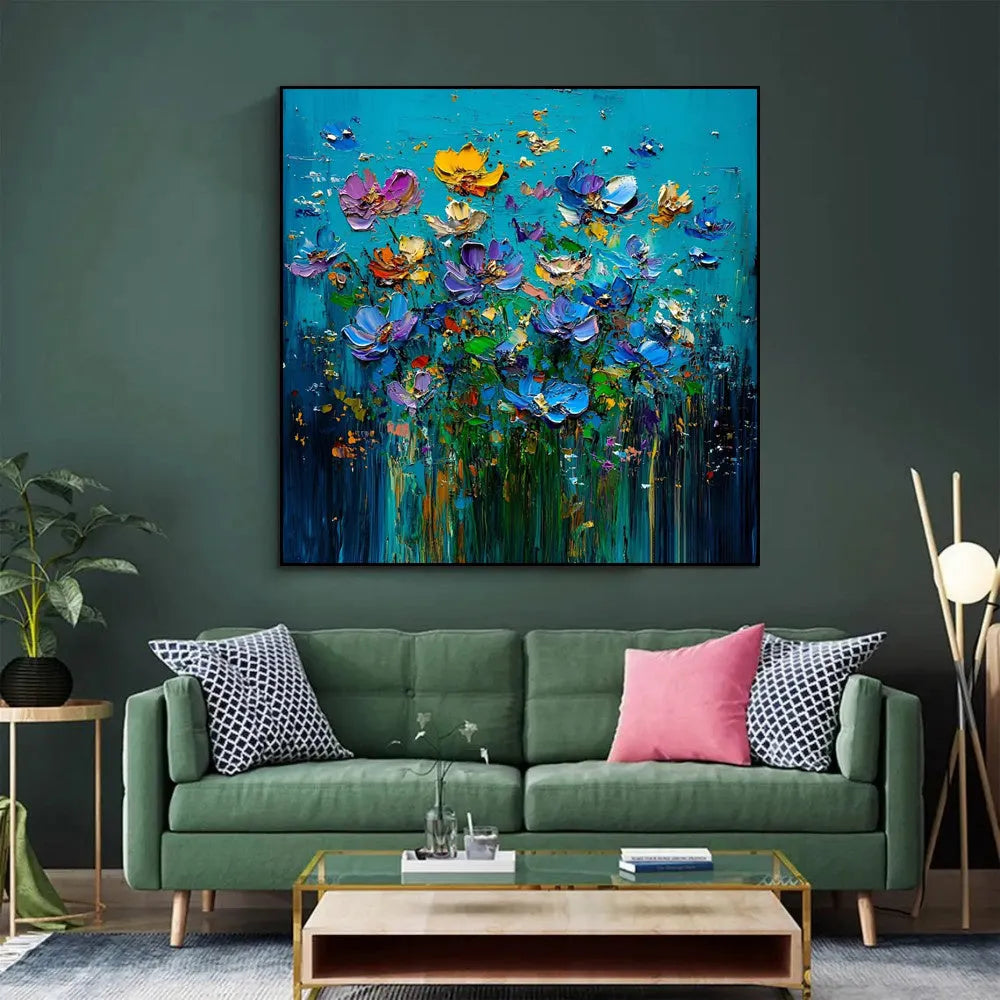 Hand-painted modern floral knife flower oil painting on square canvas without frame, textured 3D design, 100cm size
