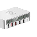 White USB charging station with six ports including USB-C, 1.5 metre cable, and plug adapter options