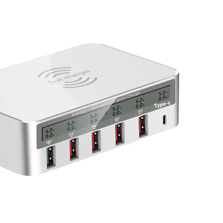 White USB charging station with six ports including USB-C, 1.5 metre cable, and plug adapter options