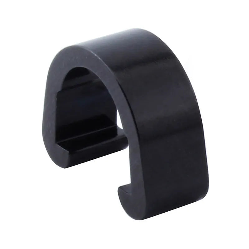 Ten small aluminium C-shaped buckles in assorted colours including black, blue, gold, and red.