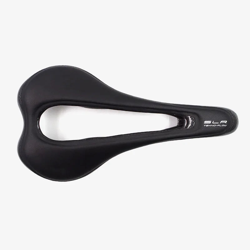Carbon fibre bicycle saddle 272mm by 146mm in glossy black finish with standard rails