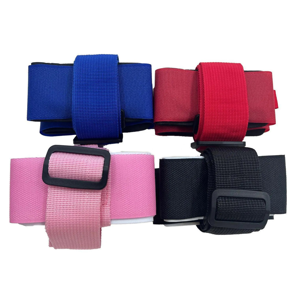 Adjustable black skiing bandage shoulder strap with hook and loop fastening for sled carrying.