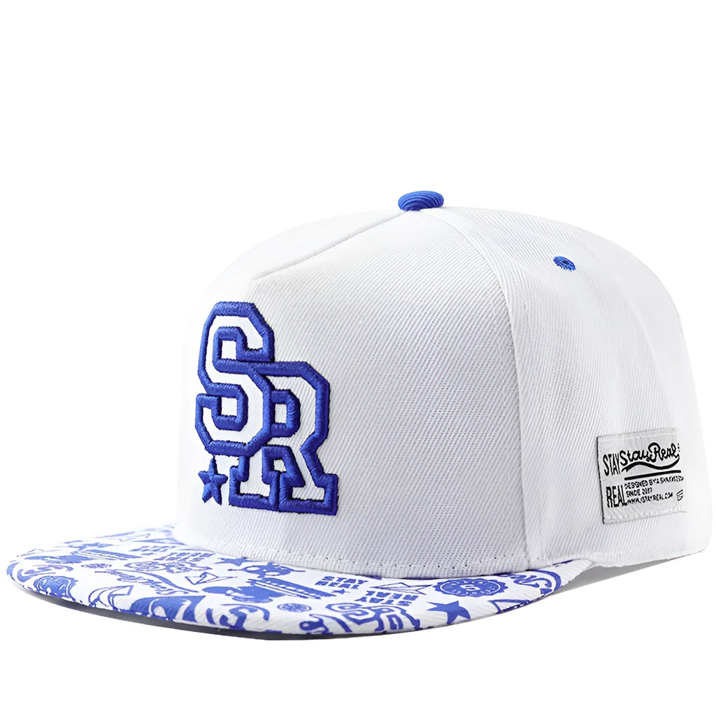 Black and white cotton baseball cap with embroidered letter design on the front.