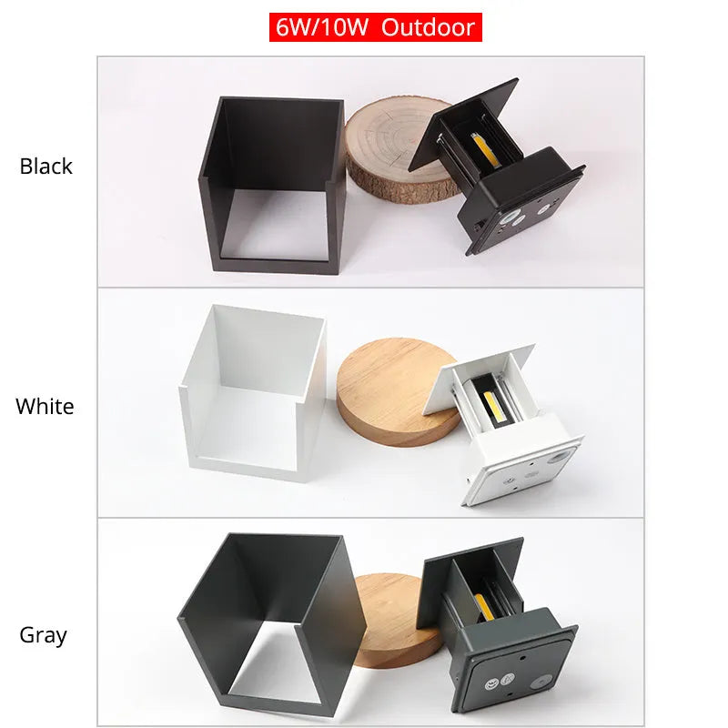 Aluminium cube wall lamp in black, grey, or white colours with 360-degree light distribution