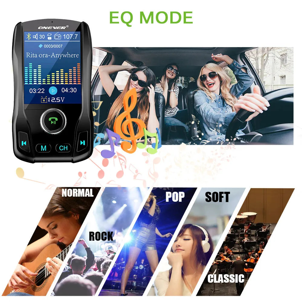 Black car Bluetooth FM transmitter with colour screen and dual USB ports plugged into a vehicle power socket.