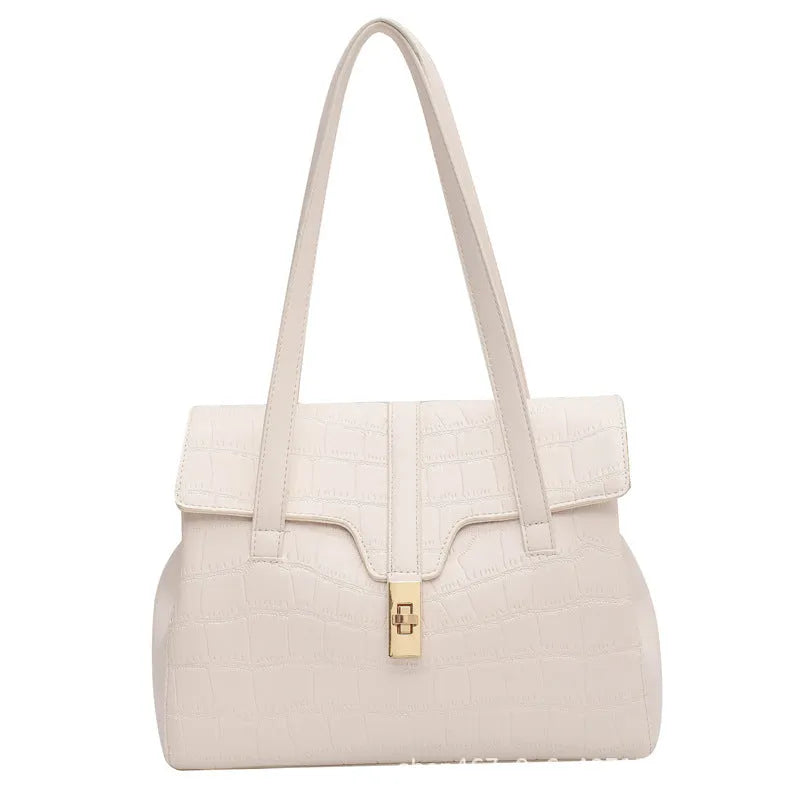 Women's medium PU bucket shoulder bag with crocodile pattern lock closure in brown