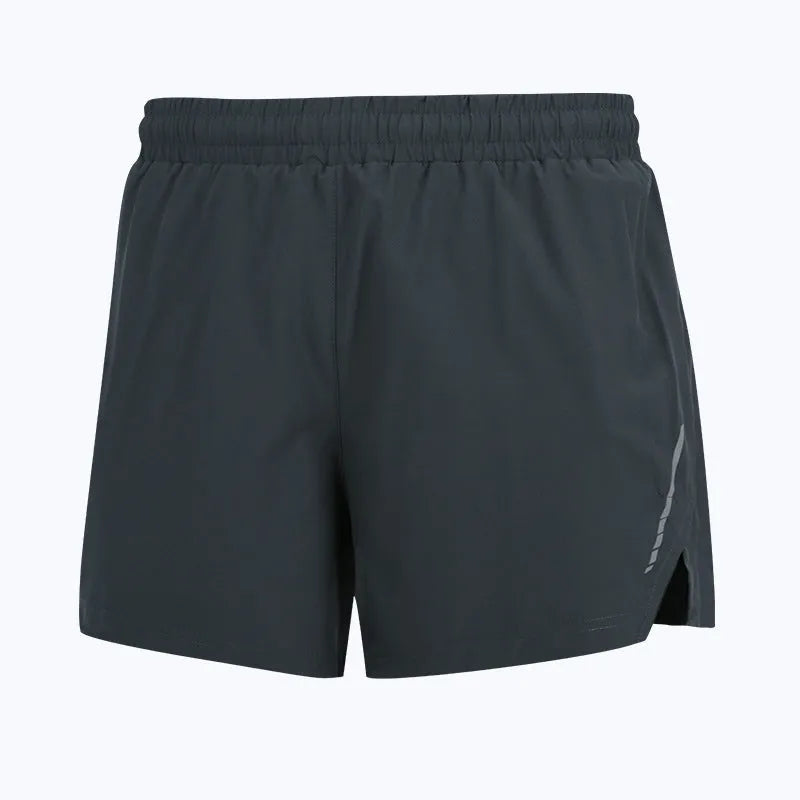 Man wearing gray quick-dry marathon running shorts, straight leg fit, for athletic training.