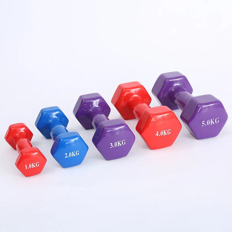 Bright colour plastic-coated fitness dumbbells in 0.5kg, 1kg, and 1.5kg weights for home exercise