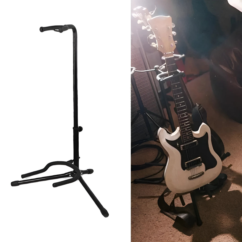 Black folding guitar stand holding an acoustic guitar, showing rubber contact points on neck and body supports.