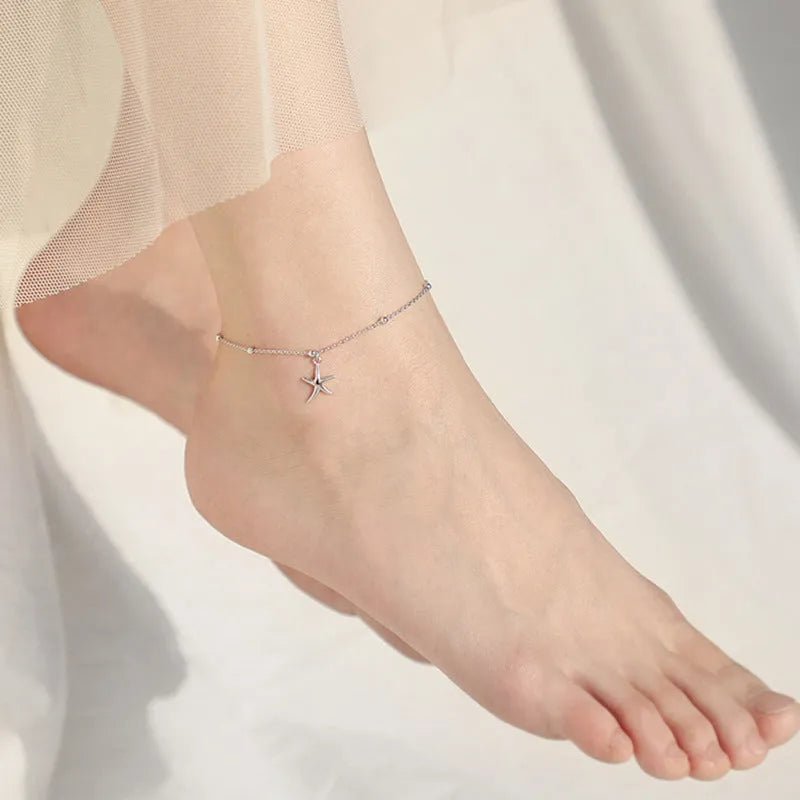 S925 sterling silver anklet with starfish charm and round beads.