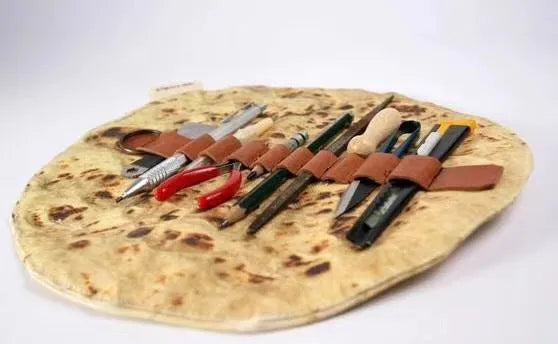 Novelty fabric pencil holder shaped like a burrito roll, 22cm square, in shown colour