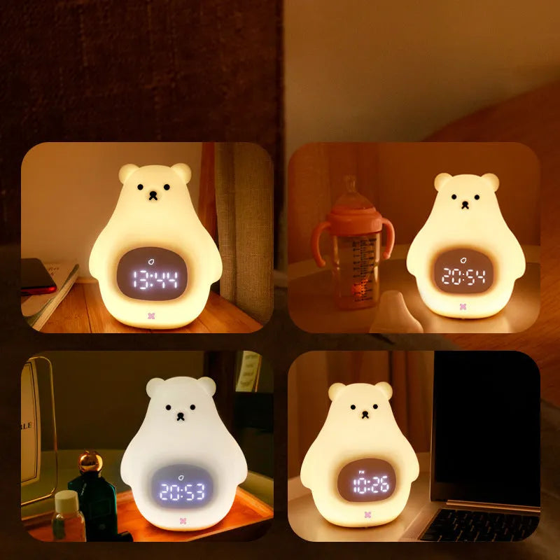White silicone bear-shaped night light with button controls on a table.