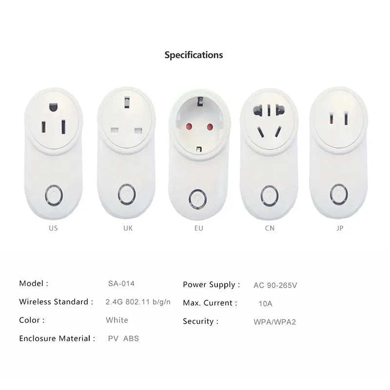 White wifi smart socket with UK British Standard three-pin plug on a table.