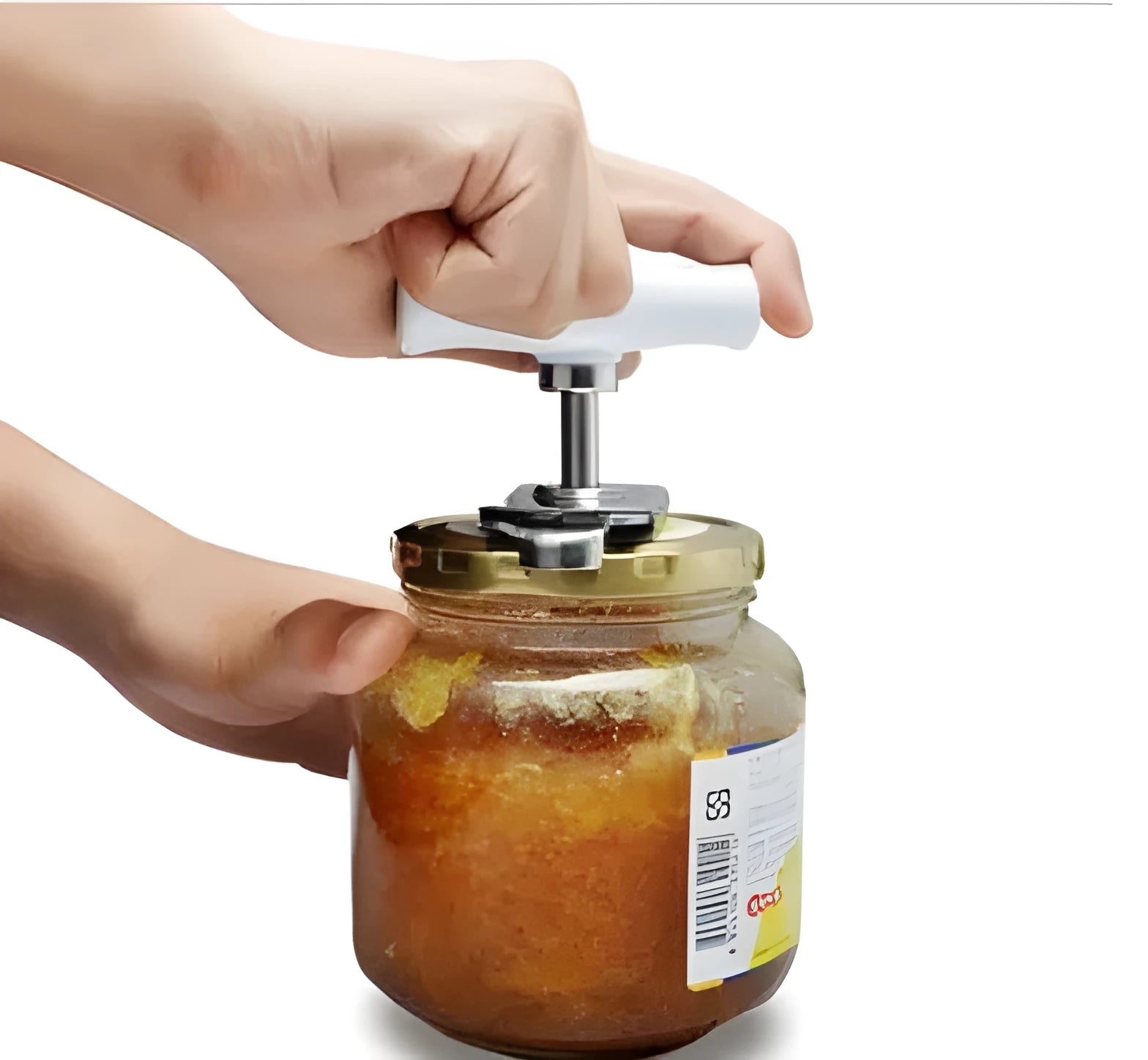 White adjustable stainless steel bottle cap opener with gear mechanism and textured handle.