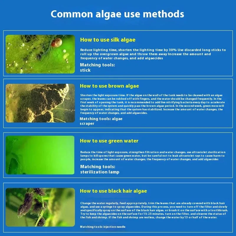 Bottle of eco-friendly algaecide for fish tanks and ponds, labelled for green algae removal and antibacterial use.
