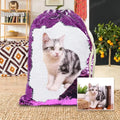 Custom purple sequins backpack with printed pet photograph and drawstring opening