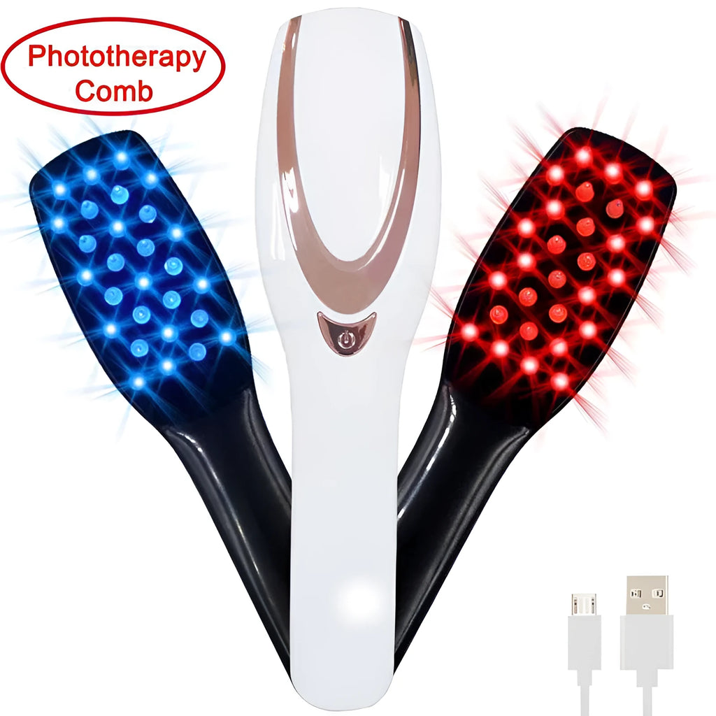 Iridescent scalp massager with push-button control, three speed gears, and USB charging cable on white background
