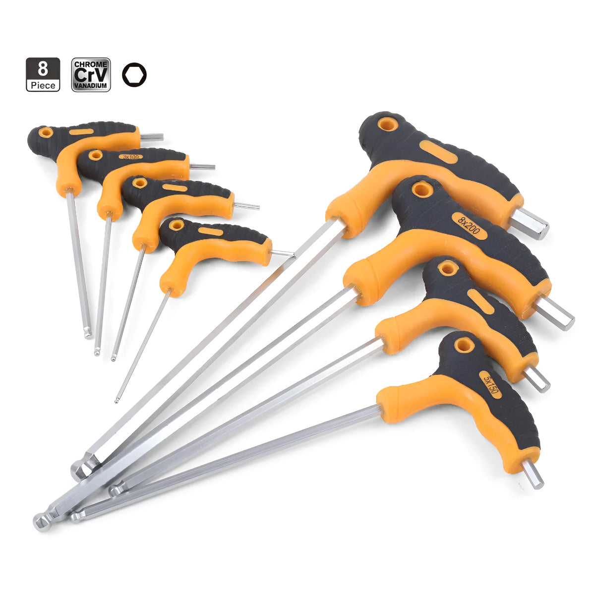 8-piece Torx wrench screwdriver set CRV steel T10 to T50 ball-end hexagon sockets on flat surface
