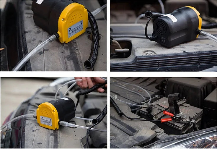 Yellow 12V electric self-priming pump with 2.5m battery clamps and hose set for diesel or oil transfer