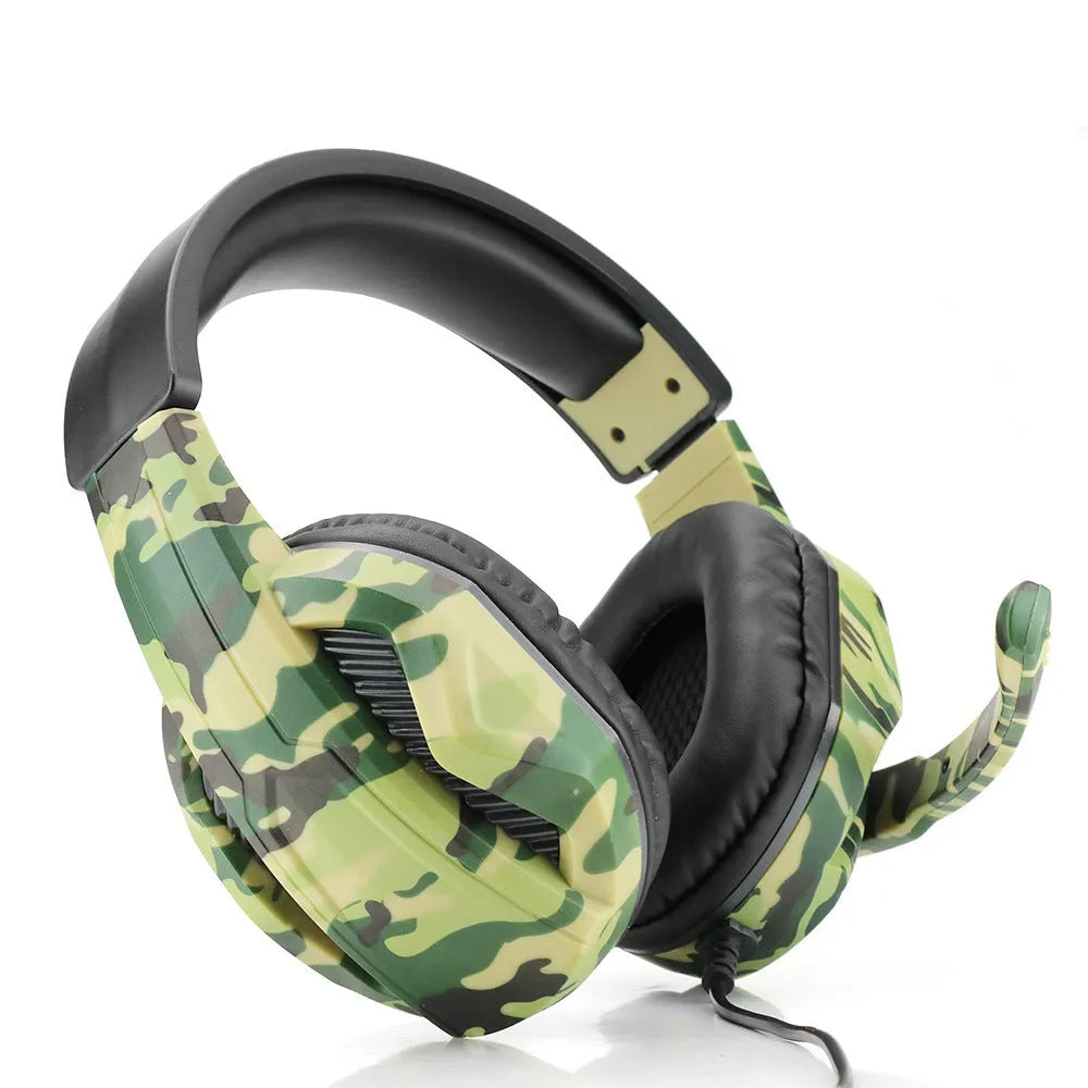 Army green camouflage wired gaming headset with over-ear design and black cable
