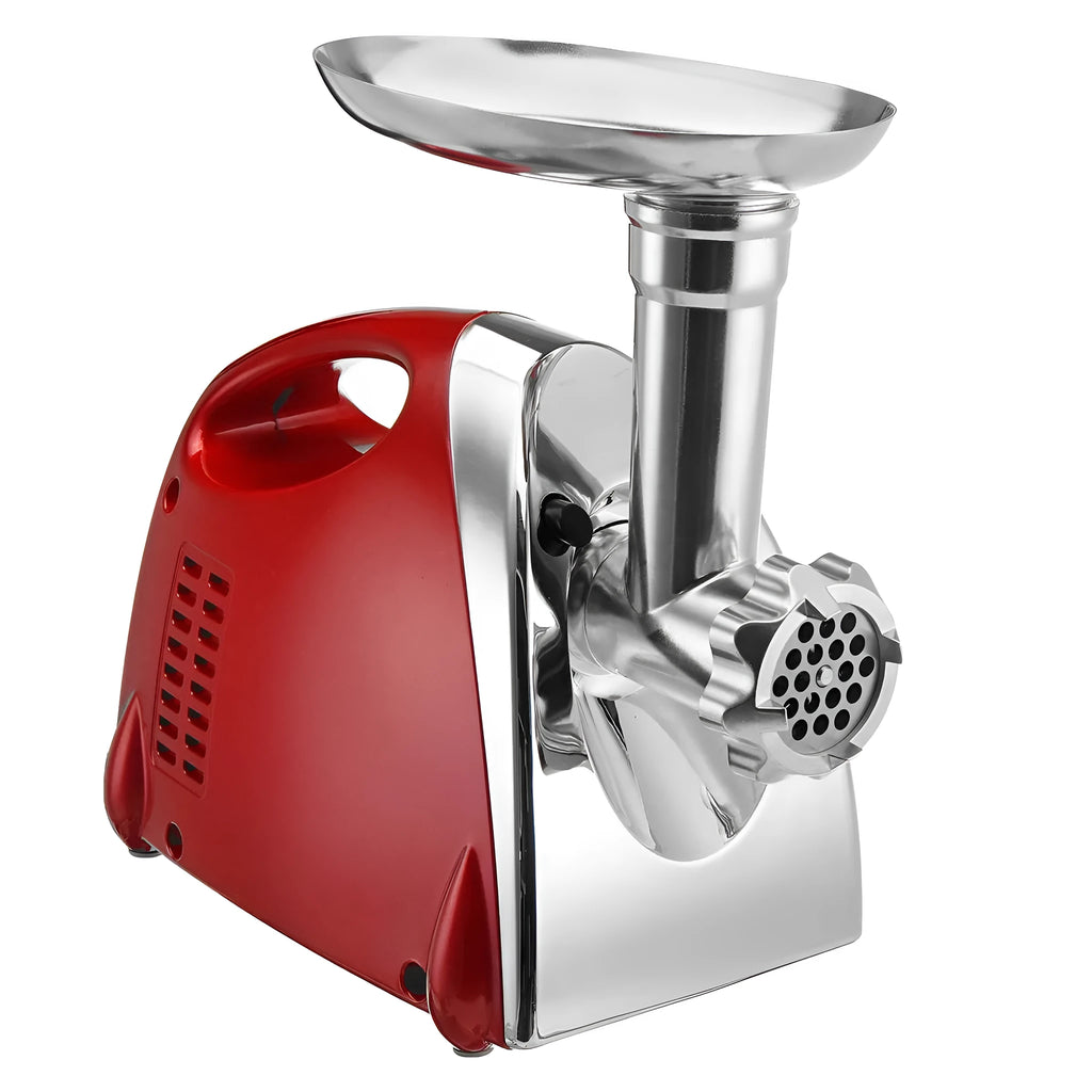Electric multifunctional meat grinder in red with food grade aluminium alloy body and 800W motor