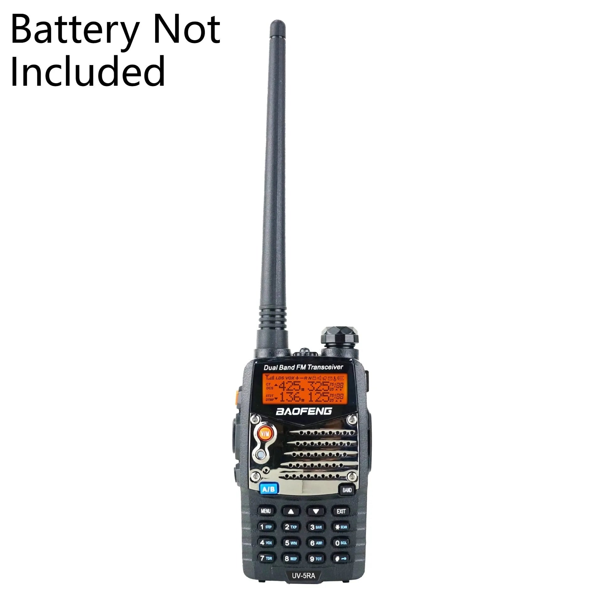 Baofeng UV-5RA black dual band walkie-talkie with dual display and antenna.
