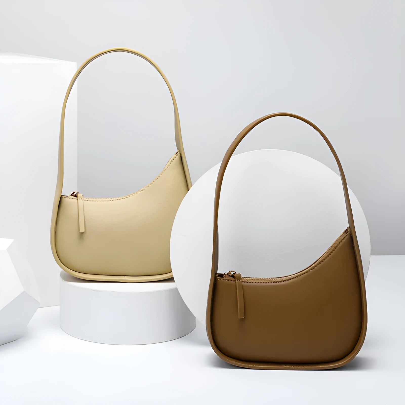 Genuine leather women's half-moon shoulder bag with wide strap in light brown colour
