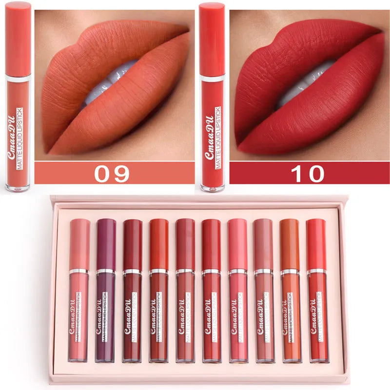 Pack of 10 matte finish lipsticks with non-stick waterproof properties in photo-realistic colours