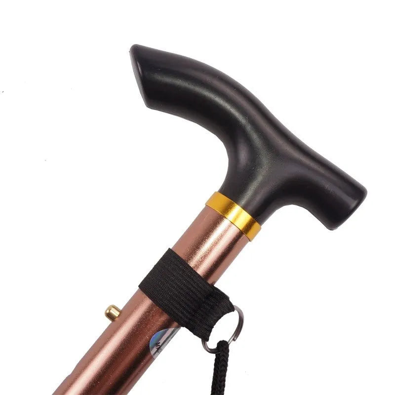 Adjustable aluminium folding walking cane in black with non-slip handle, shown extended and folded.