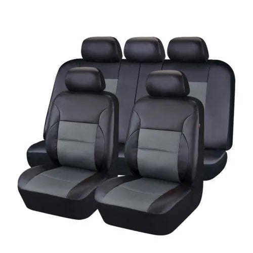 Artificial leather car seat cover set in black showing front seat and headrest pieces