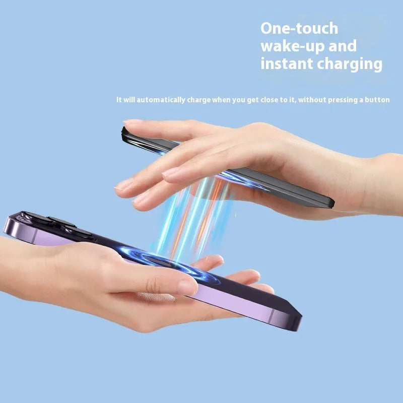 Ultra-thin dark grey magnetic power bank attached to iPhone showing 9mm thickness