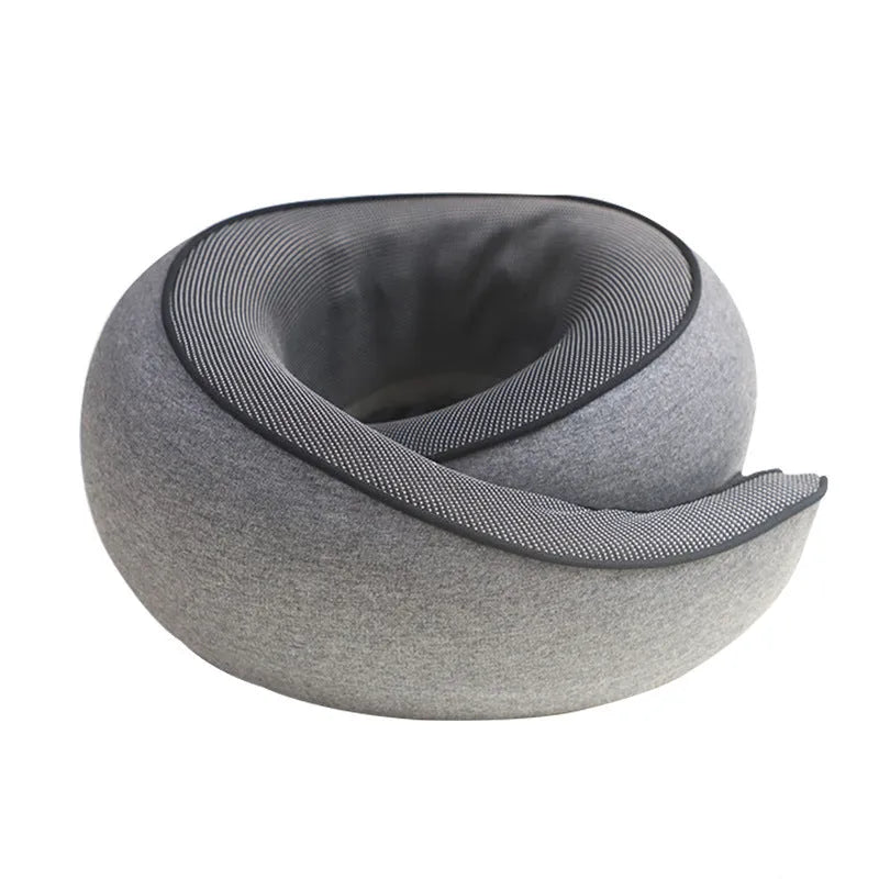 U-shaped memory foam travel neck pillow in light grey with a storage bag, shown at 27x26x13cm size.