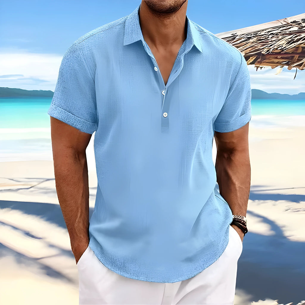 Men's light grey cotton blend cardigan with long sleeves shown on a hanger.