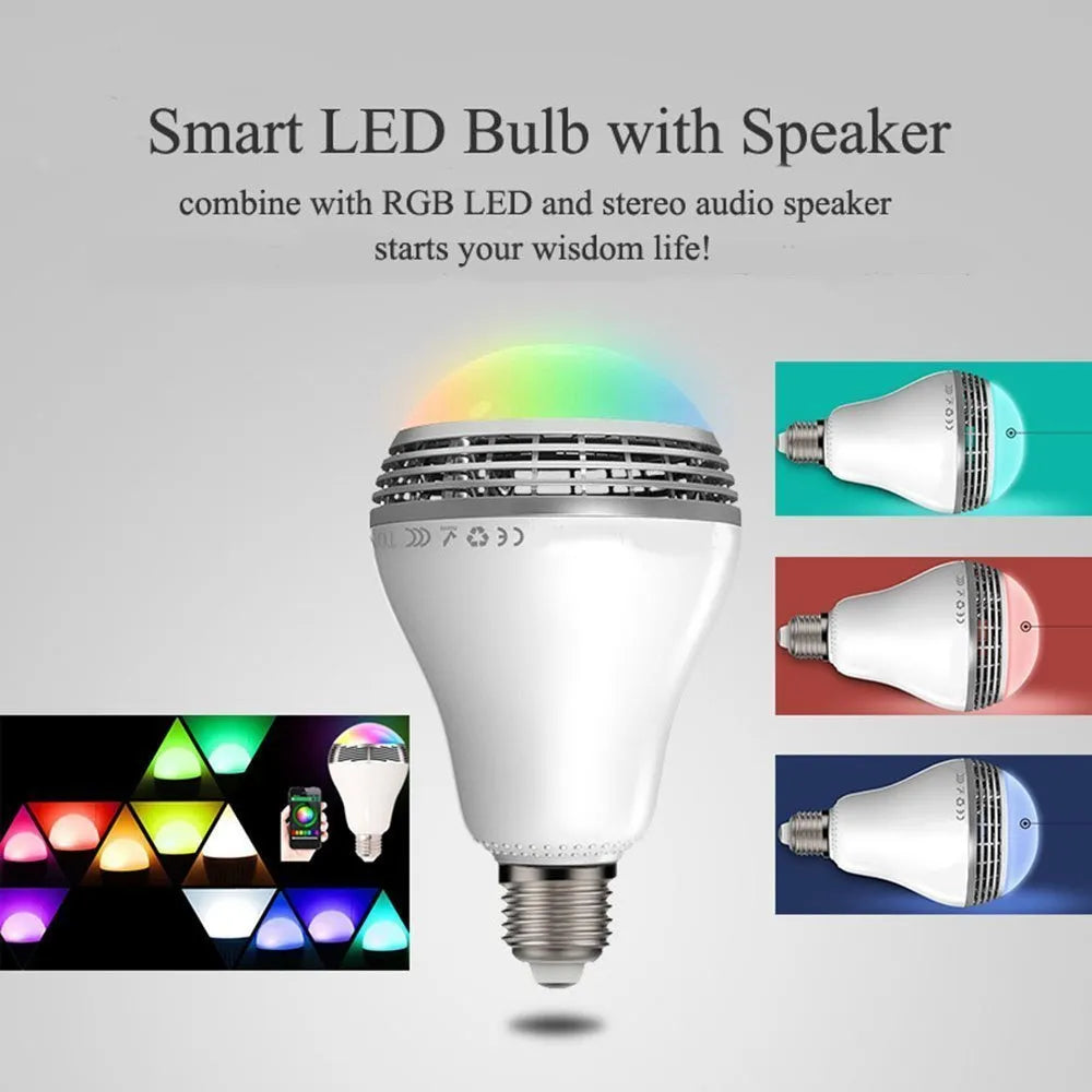 E27 smart LED bulb with Bluetooth speaker functionality showing RGB colour illumination
